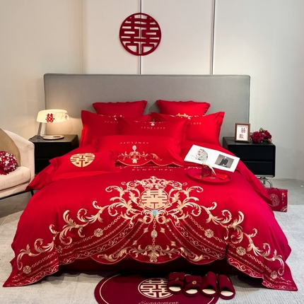 91家纺网 家纺一手货源 找家纺 欧乐蒂 2025新款欧式亲肤棉婚庆四件套 布拉格-红