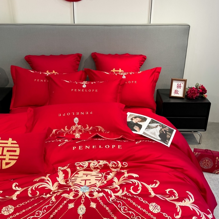 91家纺网 家纺一手货源 找家纺 欧乐蒂 2025新款欧式亲肤棉婚庆四件套 布拉格-红