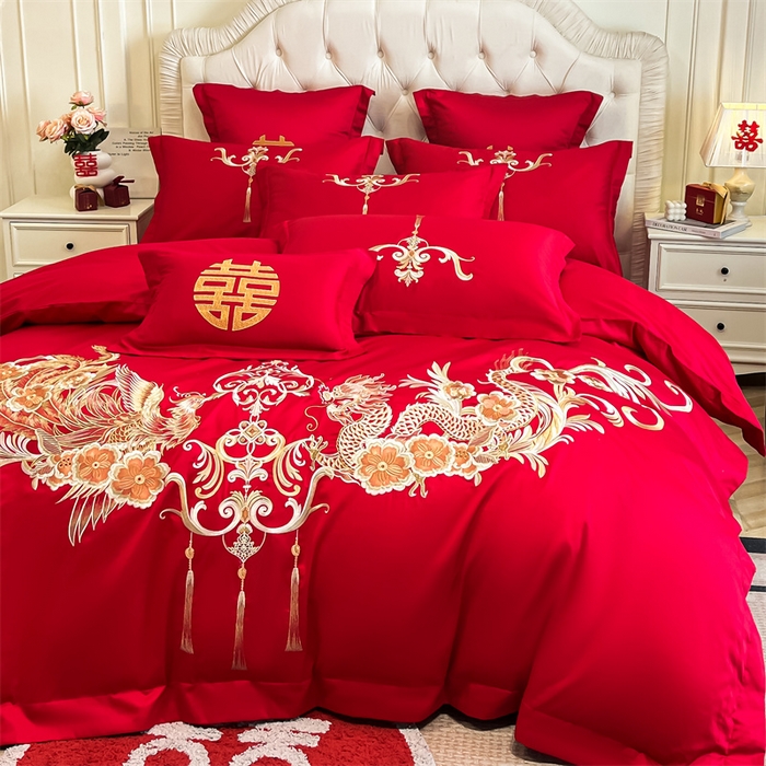 91家纺网 家纺一手货源 找家纺 欧乐蒂 2025新款亲肤棉刺绣婚庆四件套 龙凤爱恋