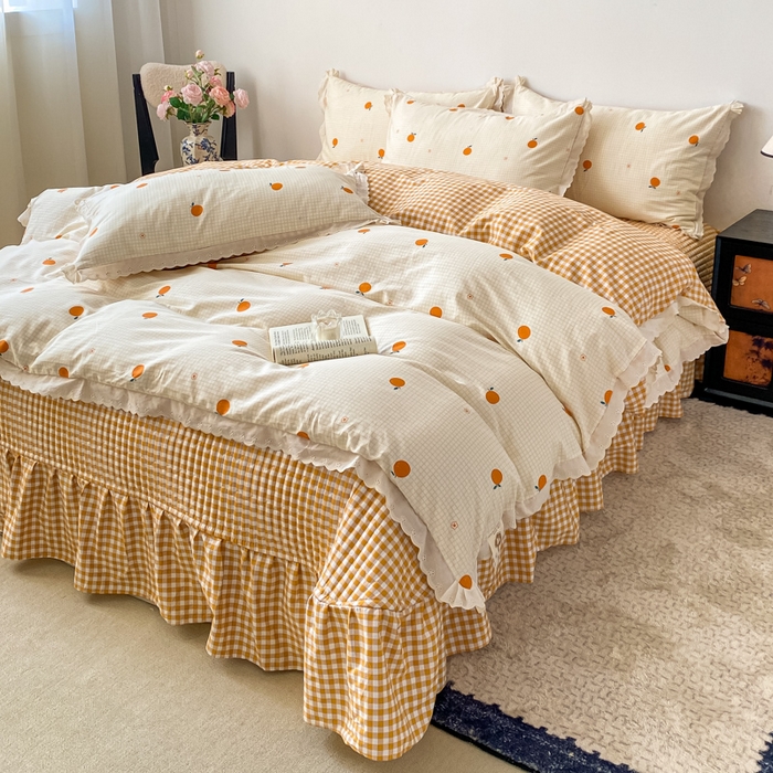 91家纺网 家纺一手货源 找家纺 梦可莱家居 2025新款全棉韩版蕾丝边床盖四件套 甜橙