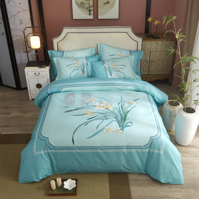 91家纺网 家纺一手货源 找家纺 启航家居2025新款春夏直播爆款全棉大版印花四件套 春江晓景