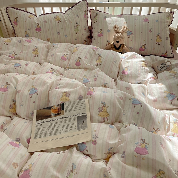 91家纺网 家纺一手货源 找家纺 三朵 2025新款全棉双层纱三角针四件套 萌畔粉