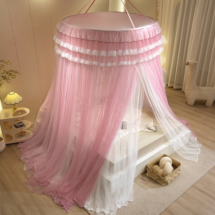 91家纺网 家纺一手货源 找家纺 宝莱利 2025年新款圆顶吊顶蚊帐-唯美 玫瑰粉