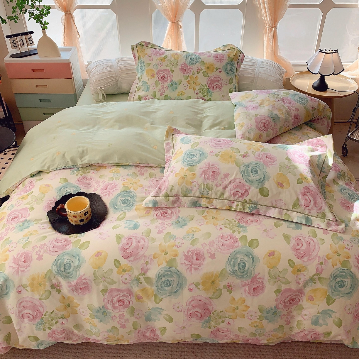 91家纺网 家纺一手货源 找家纺 奈萝家纺 2025新款亲肤小清新全棉四件套 油画玫瑰