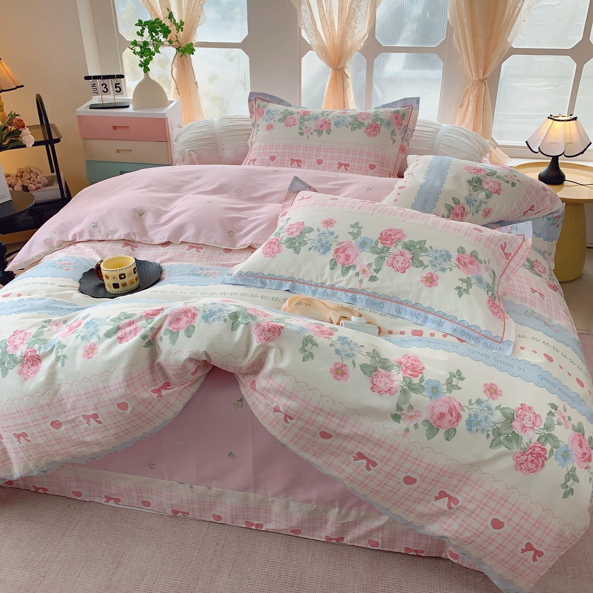 91家纺网 家纺一手货源 找家纺 奈萝家纺 2025新款亲肤小清新全棉四件套 安妮玫瑰