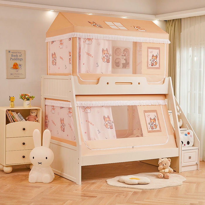 91家纺网 家纺一手货源 找家纺 迪凡保罗蚊帐 2025新款2504专版印花遮光帘上下铺子母蚊帐-城堡款 调皮狗