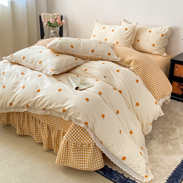 91家纺网 家纺一手货源 找家纺 梦可莱家居 2025新款全棉韩版蕾丝边床盖四件套 甜橙