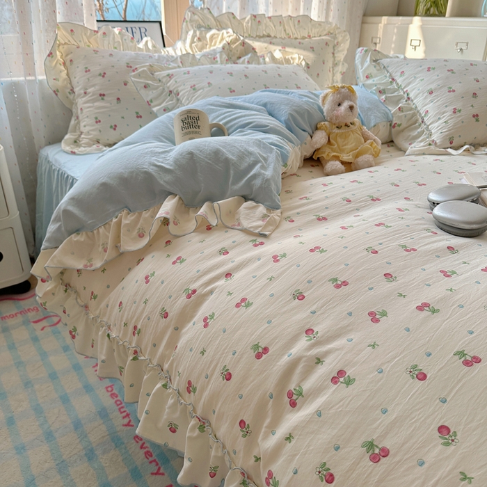 91家纺网 家纺一手货源 找家纺 轻奢坊 2025新款水洗棉密拷花边款 四件套 小樱桃