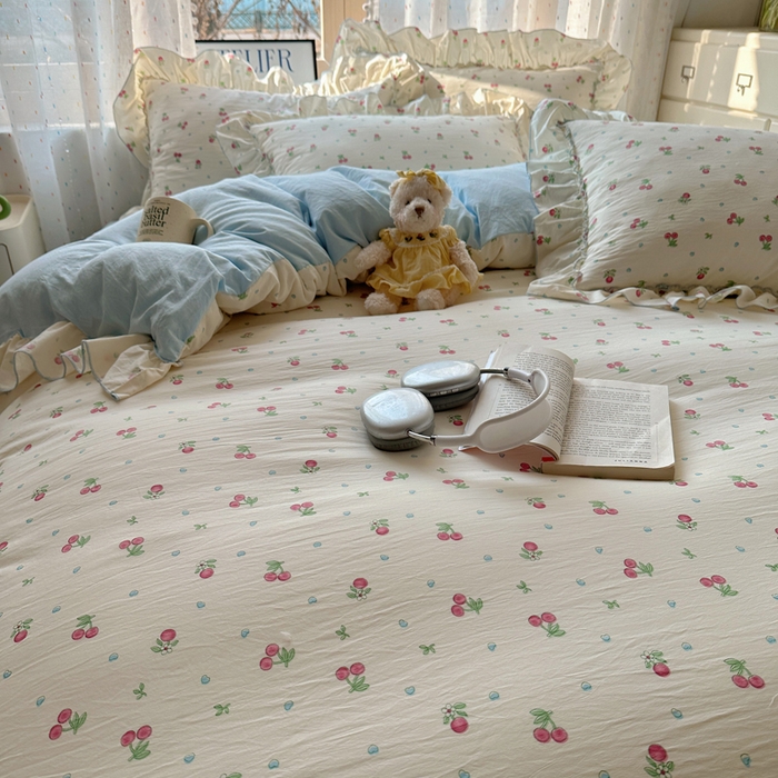 91家纺网 家纺一手货源 找家纺 轻奢坊 2025新款水洗棉密拷花边款 四件套 小樱桃