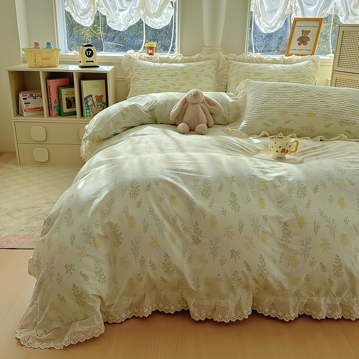 91家纺网 家纺一手货源 找家纺 美梦家纺 2025新款A类全棉13372花边床盖四件套-白边 白边-萱草