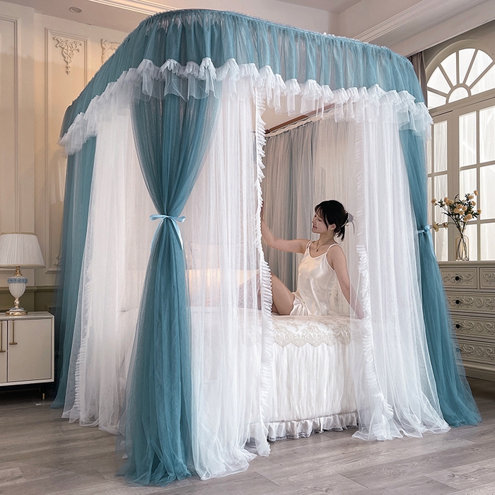 91家纺网 家纺一手货源 找家纺 宝莱利 2025年新款拉幕导轨蚊帐（可升降合金弯头支架）-田园风情 海蓝色