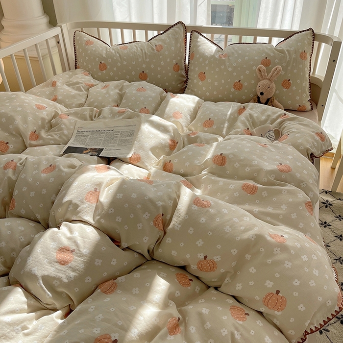 91家纺网 家纺一手货源 找家纺 三朵 2025新款全棉双层纱三角针四件套 爱心南瓜