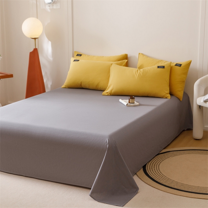 91家纺网 家纺一手货源 找家纺 趣色家纺 2025新款全棉双拼纯色四件套 米黄+深灰