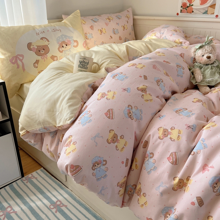 91家纺网 家纺一手货源 找家纺 丽涵 2025新款全棉13372小清新印花四件套 幸运小熊熊