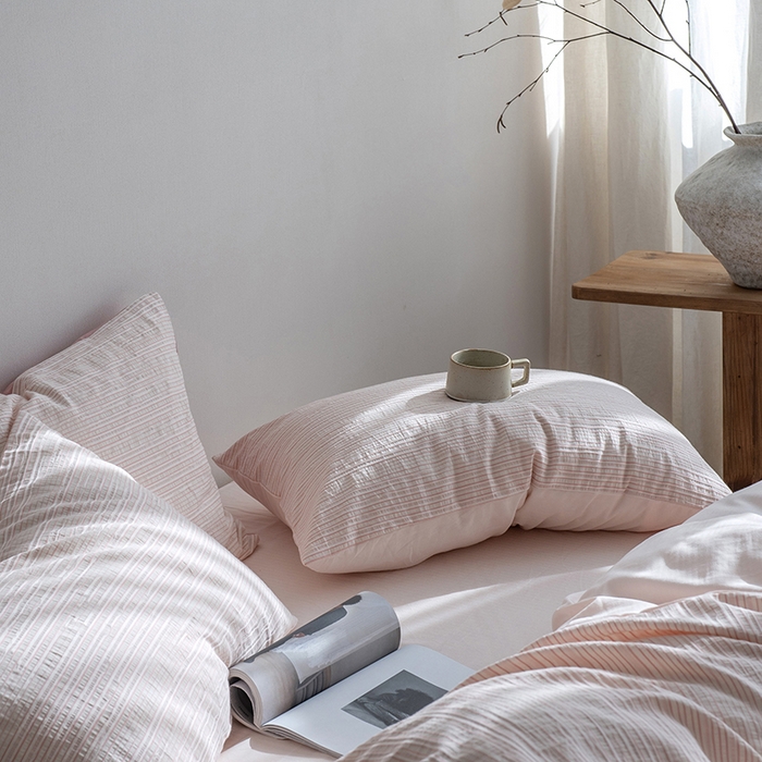 91家纺网 家纺一手货源 找家纺 （总）小春日和 2025新款高端民宿风纯棉四件套特殊工艺全棉被套人字纹棉1.8床笠纯色双人床单加大笠