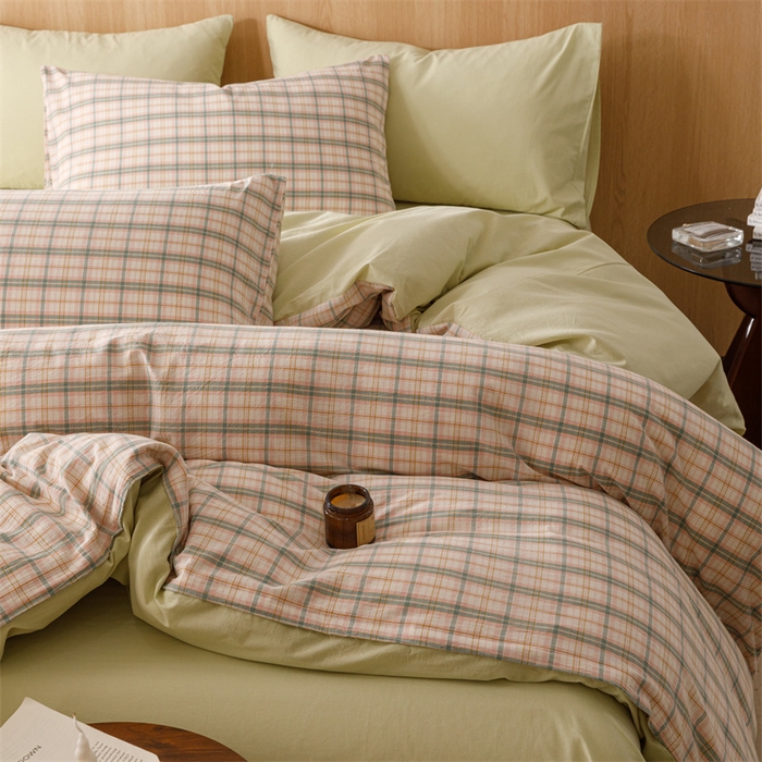 91家纺网 家纺一手货源 找家纺 趣色家纺 2025新款全棉色织水洗棉四件套 棉芷绿