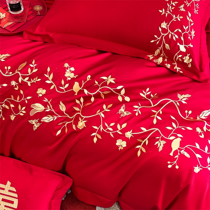 91家纺网 家纺一手货源 找家纺 欧乐蒂 2025新款亲肤棉刺绣婚庆四件套 喜上枝头