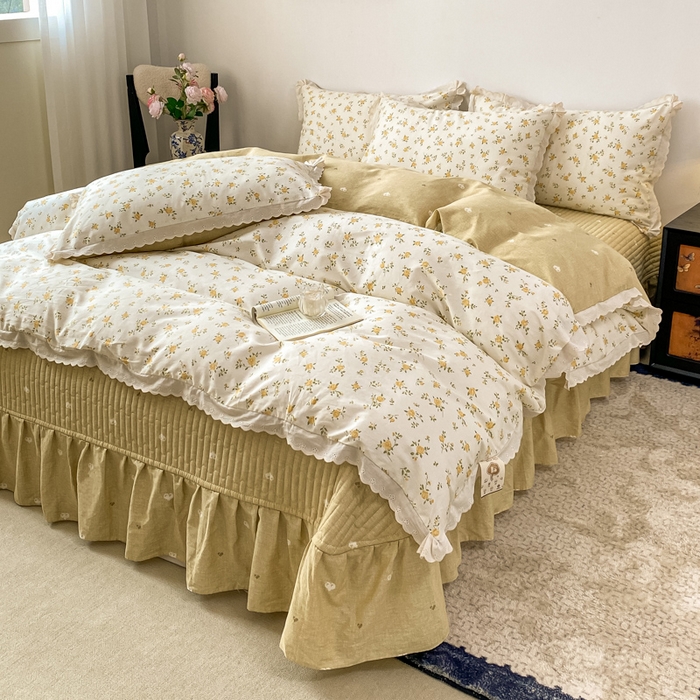 91家纺网 家纺一手货源 找家纺 梦可莱家居 2025新款全棉韩版蕾丝边床盖四件套 花儿