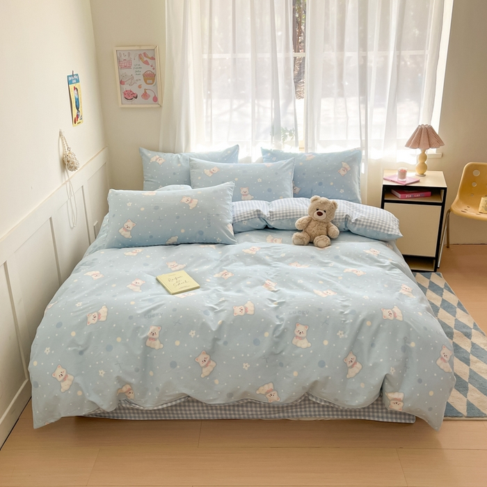 91家纺网 家纺一手货源 找家纺 吉象家纺 2025新款高支密全棉印花四件套12868跑量款 蓝色泡芙狗