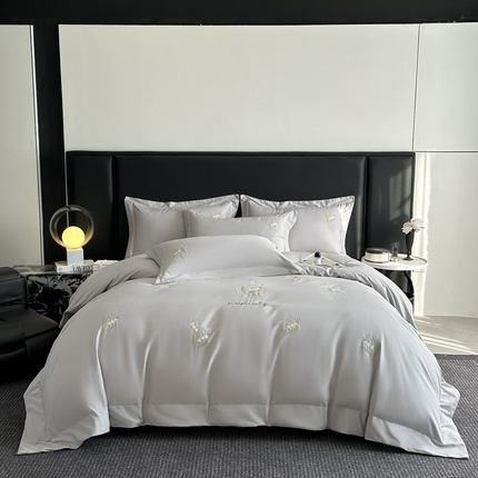 新方向 2025新款全棉长绒棉刺绣四件套-铃兰物语 铃兰物语-爵士灰