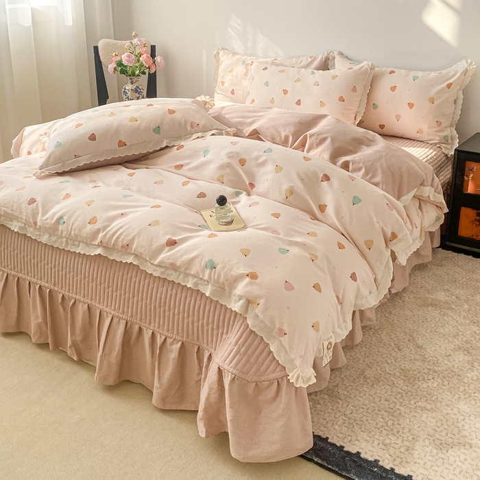 91家纺网 家纺一手货源 找家纺 梦可莱家居 2025新款全棉韩版蕾丝边床盖四件套 南瓜