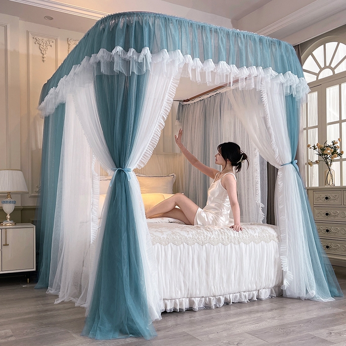 91家纺网 家纺一手货源 找家纺 宝莱利 2025年新款拉幕导轨蚊帐（可升降合金弯头支架）-田园风情 海蓝色