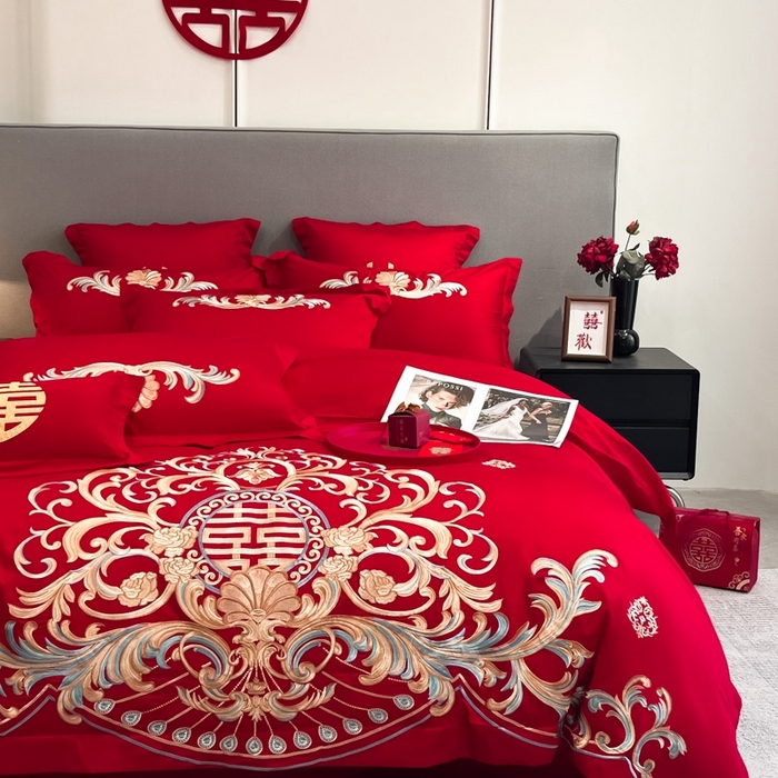 91家纺网 家纺一手货源 找家纺 欧乐蒂 2025新款欧式亲肤棉婚庆四件套 梦巴黎-红