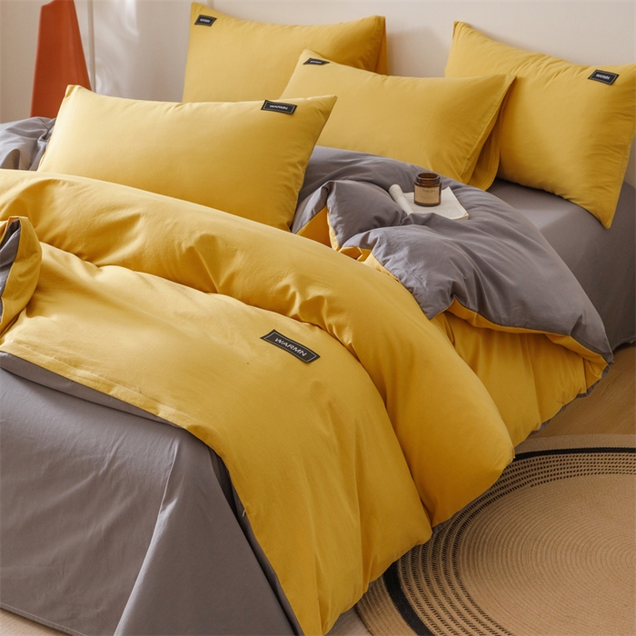 91家纺网 家纺一手货源 找家纺 趣色家纺 2025新款全棉双拼纯色四件套 米黄+深灰