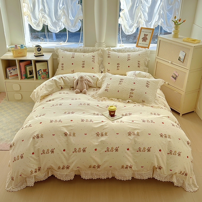 91家纺网 家纺一手货源 找家纺 美梦家纺 2025新款A类全棉13372花边床盖四件套-白边 白边-小美满