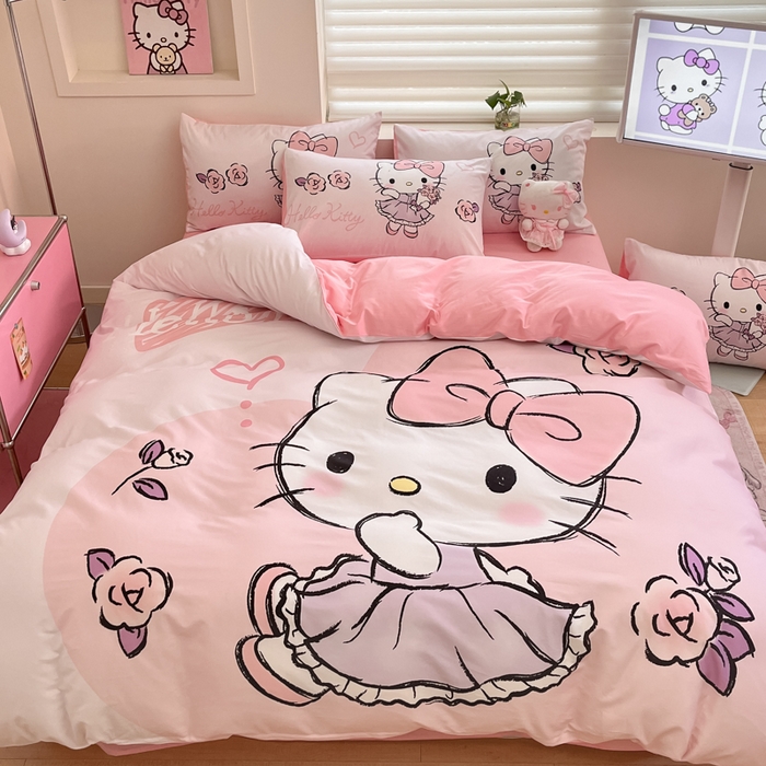 91家纺网 家纺一手货源 找家纺 金爱家 2025新款纯棉数码印花大阪三丽鸥四件套 甜心宝贝kt