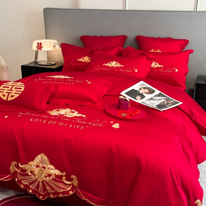 91家纺网 家纺一手货源 找家纺 欧乐蒂 2025新款欧式亲肤棉婚庆四件套 锦绣佳缘-红