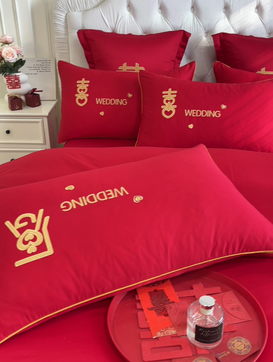 91家纺网 家纺一手货源 找家纺 欧乐蒂 2025新款亲肤棉刺绣婚庆四件套 喜愿