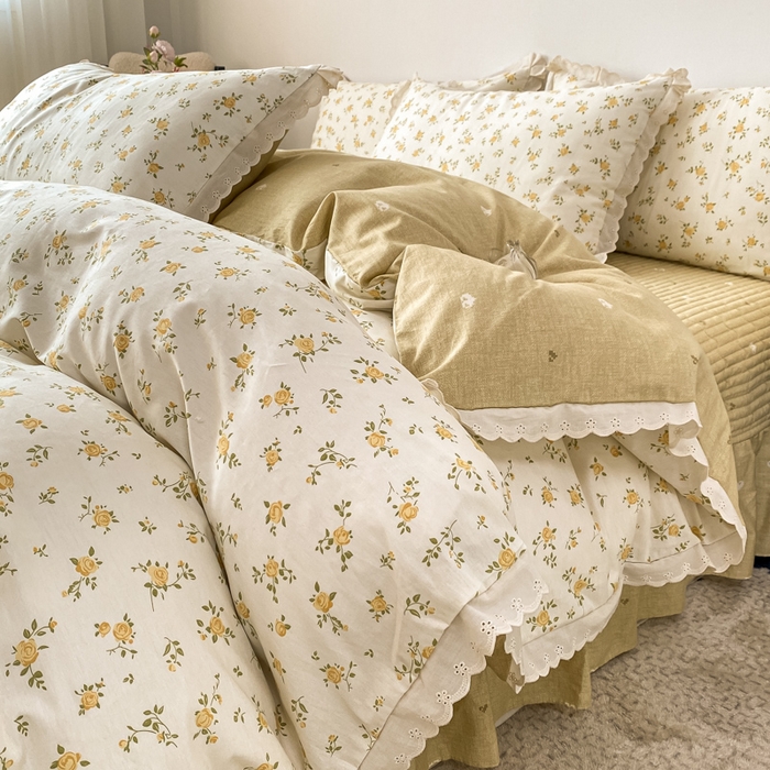 91家纺网 家纺一手货源 找家纺 梦可莱家居 2025新款全棉韩版蕾丝边床盖四件套 花儿