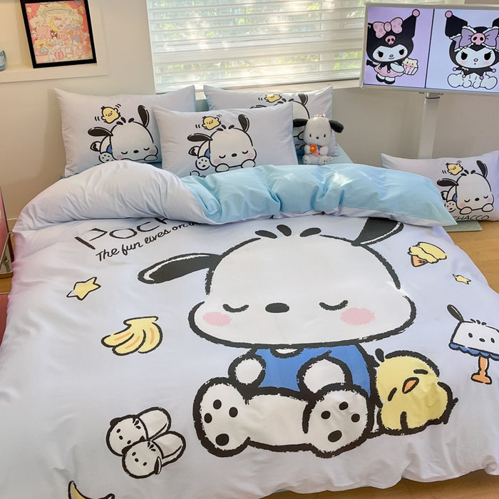 91家纺网 家纺一手货源 找家纺 金爱家 2025新款纯棉数码印花大阪三丽鸥四件套 D香蕉帕哈狗