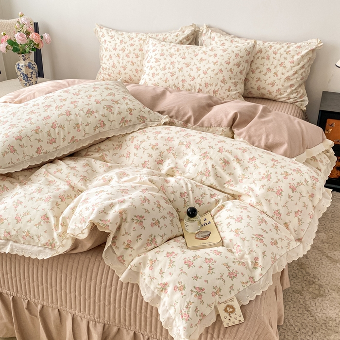 91家纺网 家纺一手货源 找家纺 梦可莱家居 2025新款全棉韩版蕾丝边床盖四件套 美可可