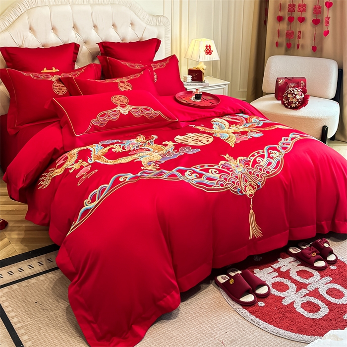 91家纺网 家纺一手货源 找家纺 欧乐蒂 2025新款亲肤棉刺绣婚庆四件套 龙凤祥瑞