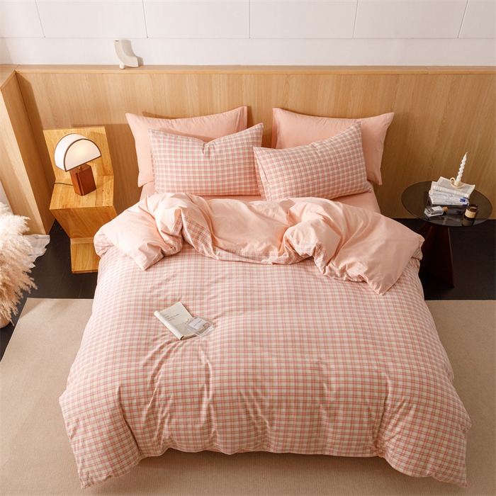 91家纺网 家纺一手货源 找家纺 趣色家纺 2025新款全棉色织水洗棉四件套 恩格尔粉