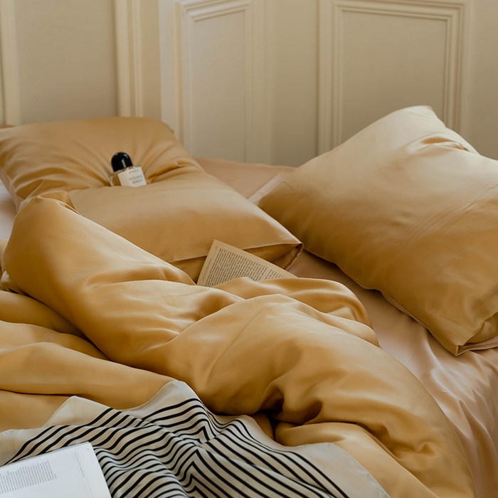 91家纺网 家纺一手货源 找家纺  沐晴家纺 2025春夏新款纯色兰精天丝四件套双拼单被套单床笠床单枕套 芝士黄-沙茶色