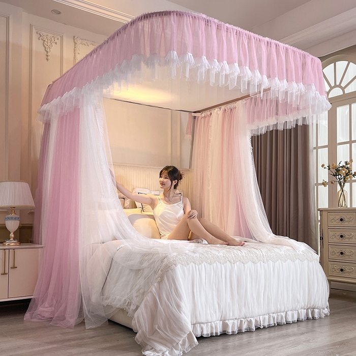 91家纺网 家纺一手货源 找家纺 宝莱利 2025年新款拉幕导轨蚊帐（可升降合金弯头支架）-田园风情 豆沙红