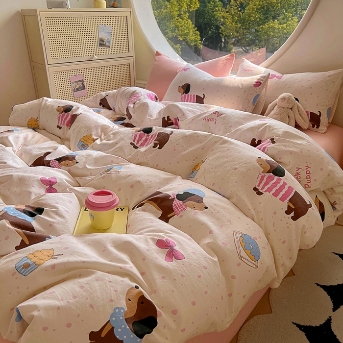 91家纺网 家纺一手货源 找家纺 2025耀达新款舒适水洗棉印花四件套 皮皮狗-印花