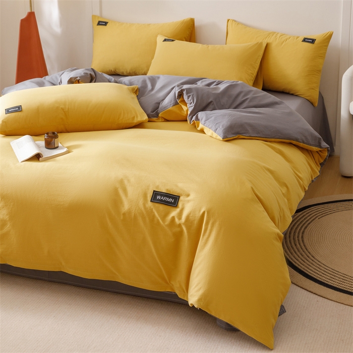 91家纺网 家纺一手货源 找家纺 趣色家纺 2025新款全棉双拼纯色四件套 米黄+深灰