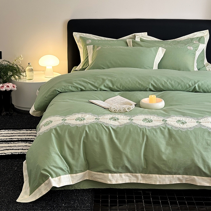 91家纺网 家纺一手货源 找家纺 懒猫家纺 2025新款【克莉斯】全棉刺绣四件套 克莉斯-绿