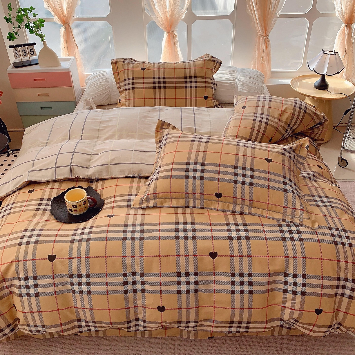 91家纺网 家纺一手货源 找家纺 奈萝家纺 2025新款亲肤小清新全棉四件套 咖啡格