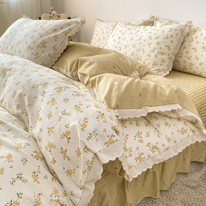 91家纺网 家纺一手货源 找家纺 梦可莱家居 2025新款全棉韩版蕾丝边床盖四件套 花儿