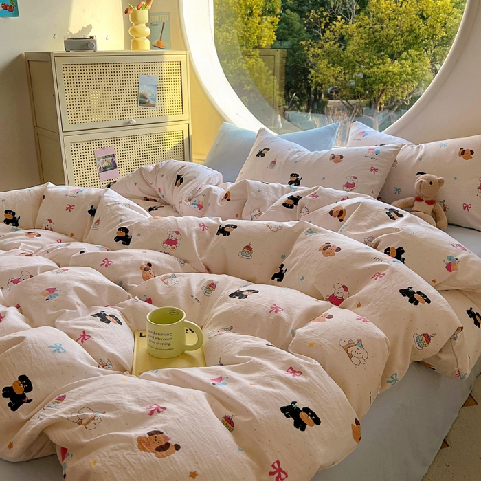 91家纺网 家纺一手货源 找家纺 2025耀达新款舒适水洗棉印花四件套 狗狗日记-印花