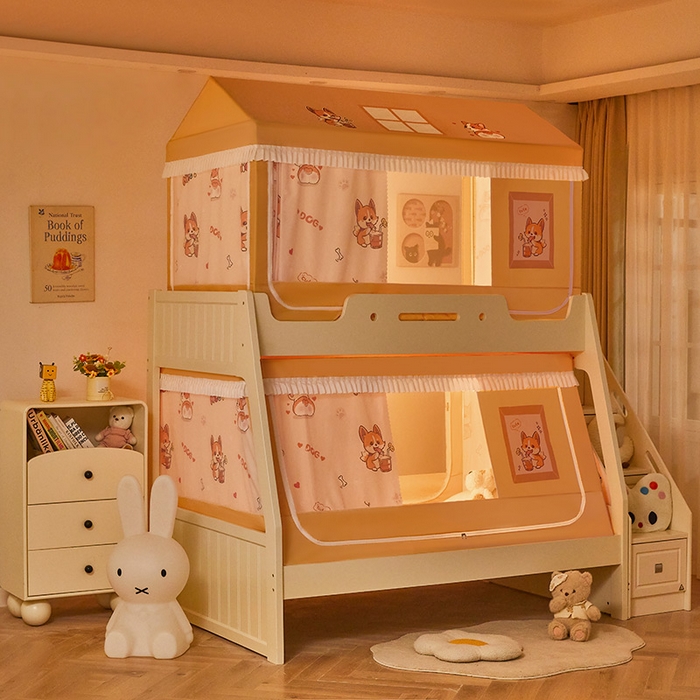 91家纺网 家纺一手货源 找家纺 迪凡保罗蚊帐 2025新款2504专版印花遮光帘上下铺子母蚊帐-城堡款 调皮狗