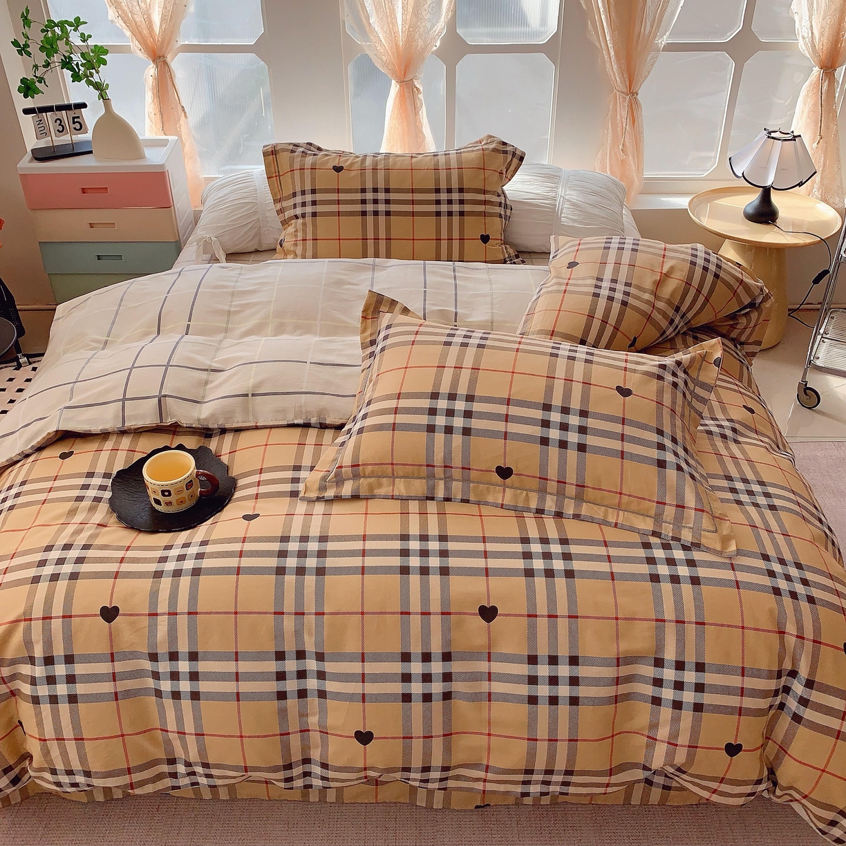 91家纺网 家纺一手货源 找家纺 奈萝家纺 2025新款亲肤小清新全棉四件套 咖啡格