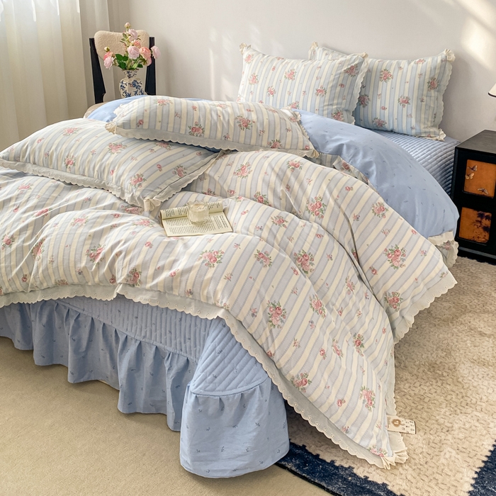 91家纺网 家纺一手货源 找家纺 梦可莱家居 2025新款全棉韩版蕾丝边床盖四件套 香奈儿