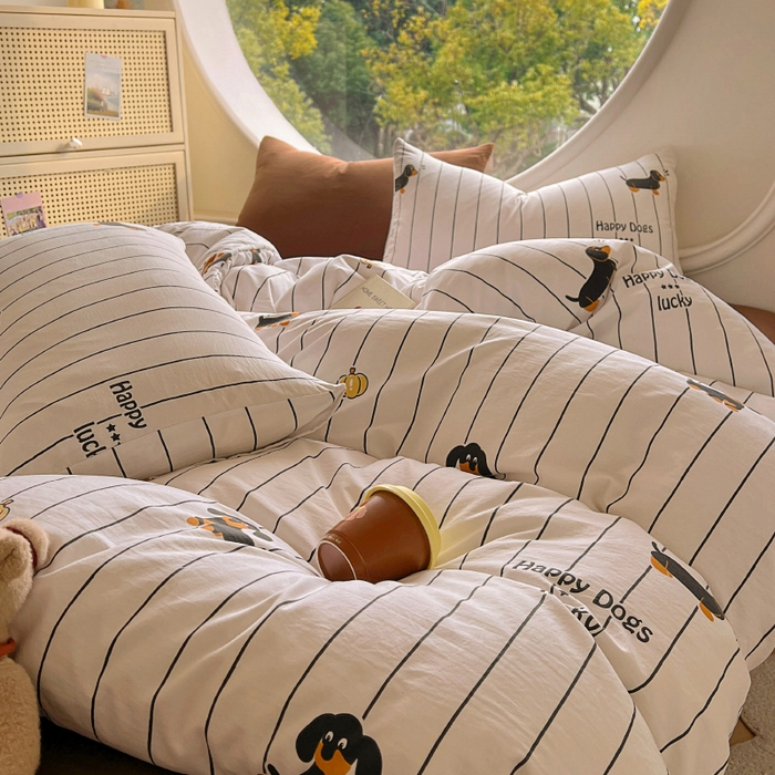 91家纺网 家纺一手货源 找家纺 2025耀达新款舒适水洗棉印花四件套 条纹犬-印花