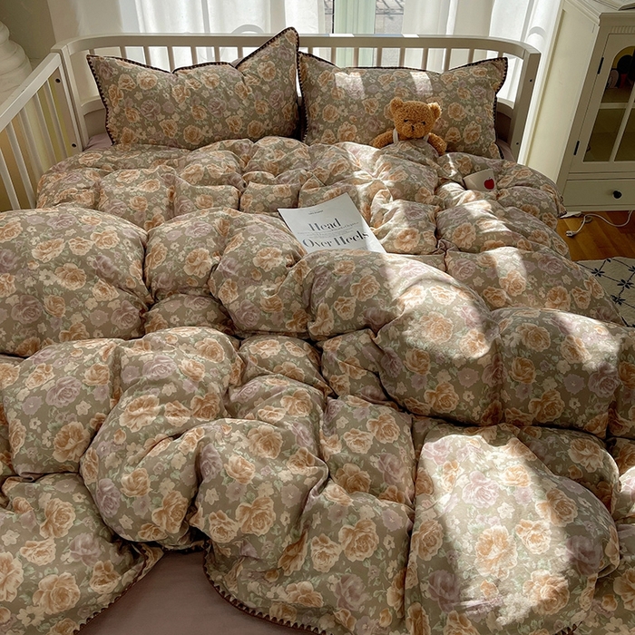 91家纺网 家纺一手货源 找家纺 三朵 2025新款全棉双层纱三角针四件套 花无优咖